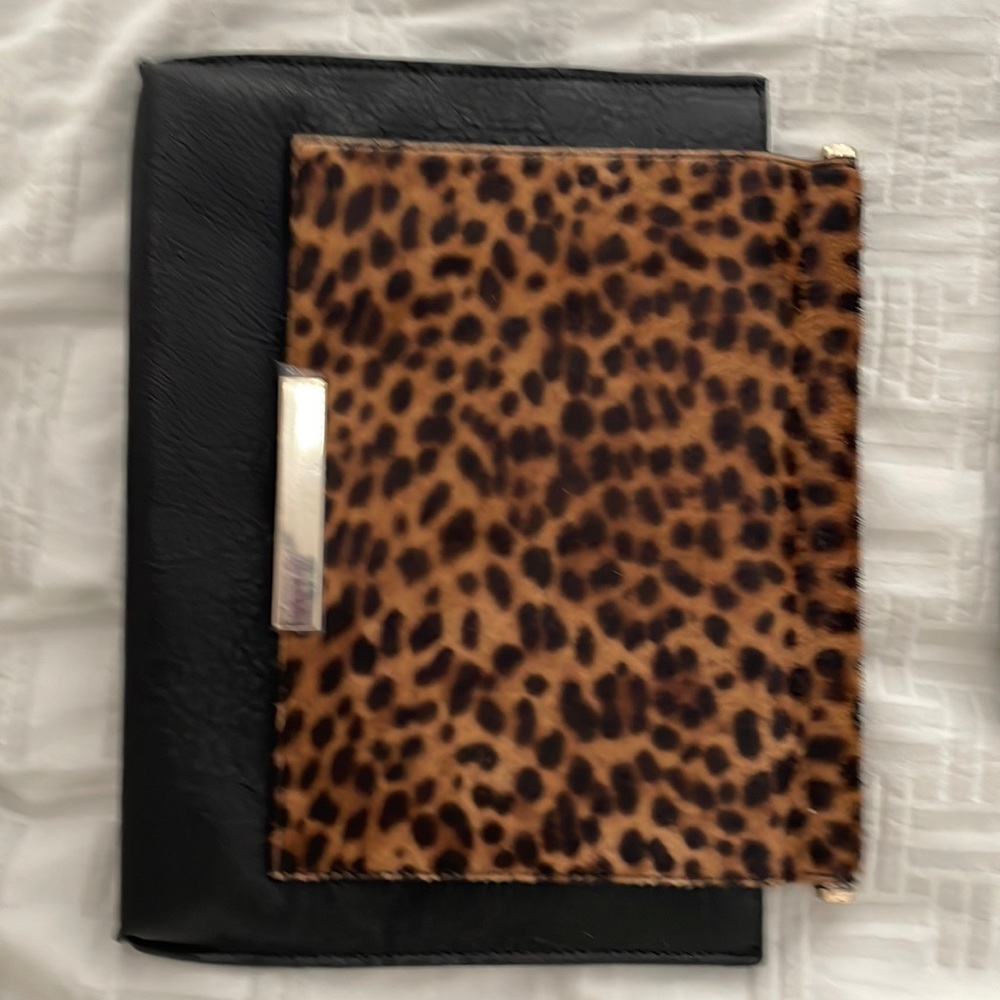 Brand-new Alice and Olivia leopard skin leather clutch bag.